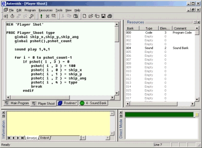 Original ethosBASIC editor showing BASIC code, resource banks and direct mode