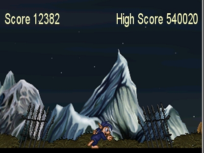 Fuzzy Walker character in a scrolling mountain landscape