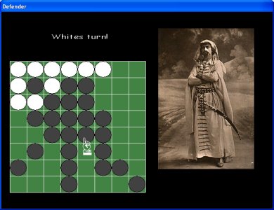 Othello board with black and white pieces and a character illustration