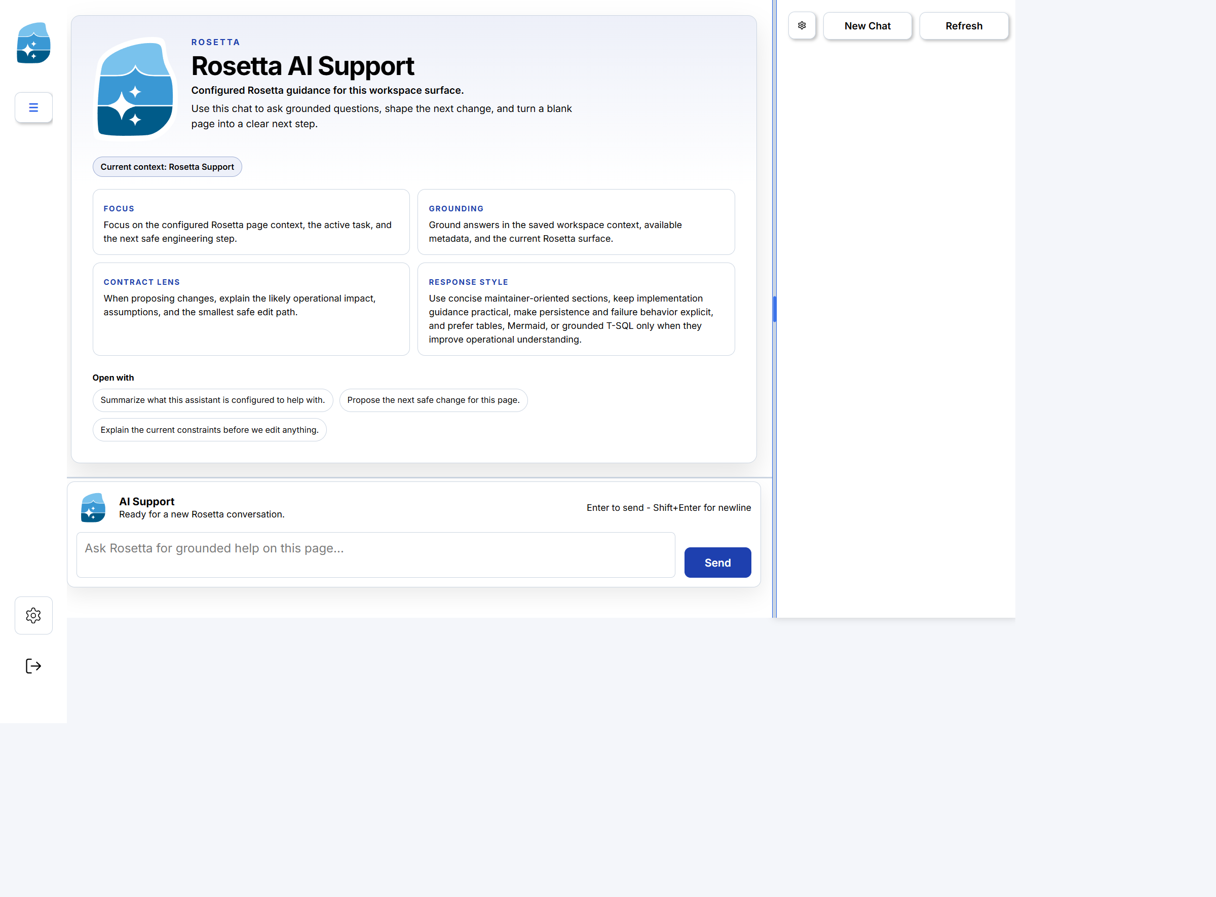 Rosetta AI Support workspace with context and suggested prompts